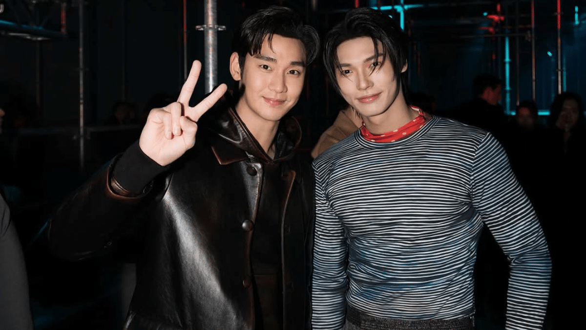 Win Metawin poses with Kim Soo Hyun at Prada Fashion Show 2025 at Milan